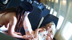 Up in the Air! Lesbo Pacific'_s First-Class Cabin Crew Kissing, Licking &amp_ Scissoring Thumb