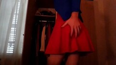 Cute secretary crossdresser masturbating in a red dress and blue blazer Thumb